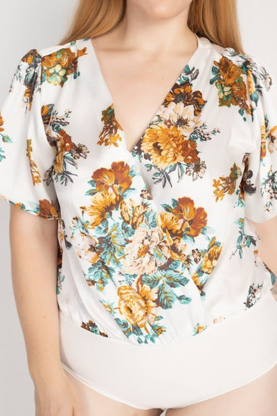 Plus Size Lovely Ladies 100% Polyester Floral Print Front Warp V-neckline Bodysuit (Ivory)