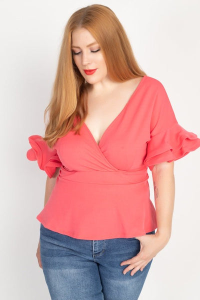 Plus Size Lovely Ladies 95% Polyester 5% Spandex Flounce Hem Tiered Ruffle Sleeve Top (Coral)