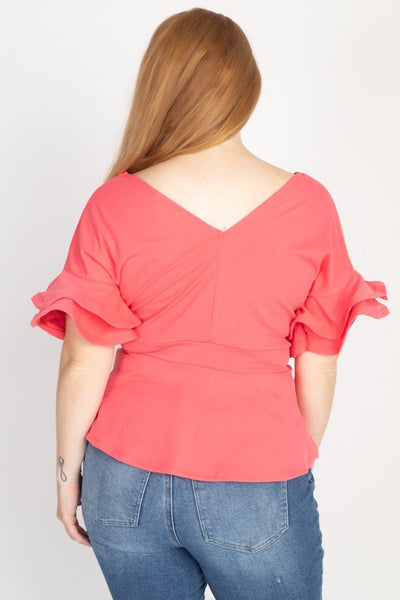 Plus Size Lovely Ladies 95% Polyester 5% Spandex Flounce Hem Tiered Ruffle Sleeve Top (Coral)
