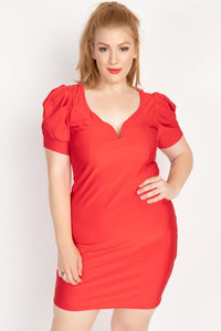 Plus Size Lovely Ladies 88% Polyester 12% Spandex Surplus Neckline Satin Puff Sleeves Mini Dress (Red Orange)
