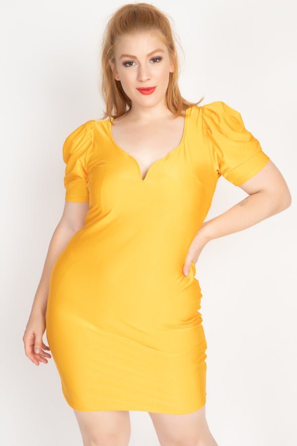 Plus Size Lovely Ladies 88% Polyester 12% Spandex Surplice Neckline Off The Shoulder Satin Puff Sleeves Bodycon Mini Dress (Yellow)
