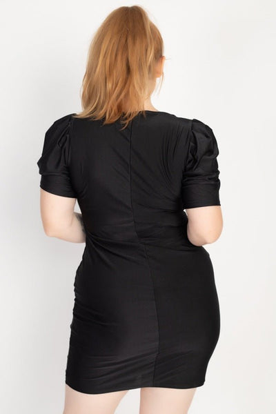 Plus Size Lovely Ladies 88% Polyester 12% Spandex Surplice Neckline Satin Puff Sleeves Mini Dress (Black)