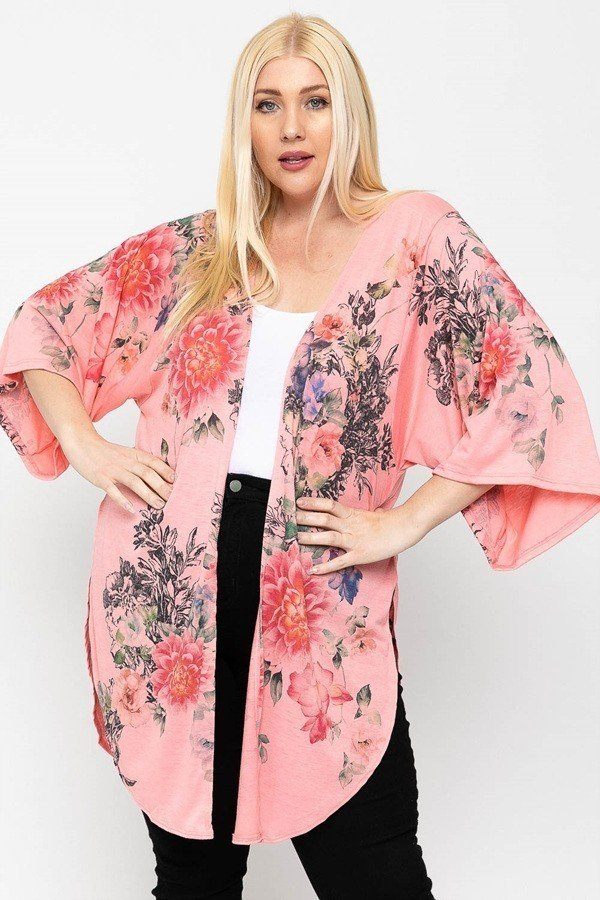 Plus Size Lovely Ladies Polyester Blend Made In U.S.A. Bold As Beautiful Floral Print Long Sleeve Side Slit Detail Cardigan (Coral Floral)