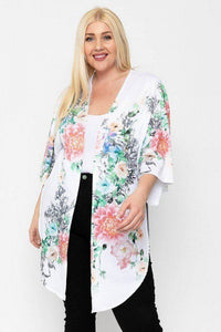 Plus Size Lovely Ladies Polyester Blend Made In U.S.A. Bold As Beautiful Floral Print Long Sleeve Kimono Cardigan (White Floral)