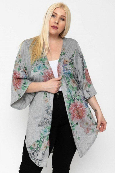 Plus Size Lovely Ladies Polyester Blend Made In U.S.A. Bold As Beautiful Floral Print Long Sleeve Cardigan (Grey Floral)