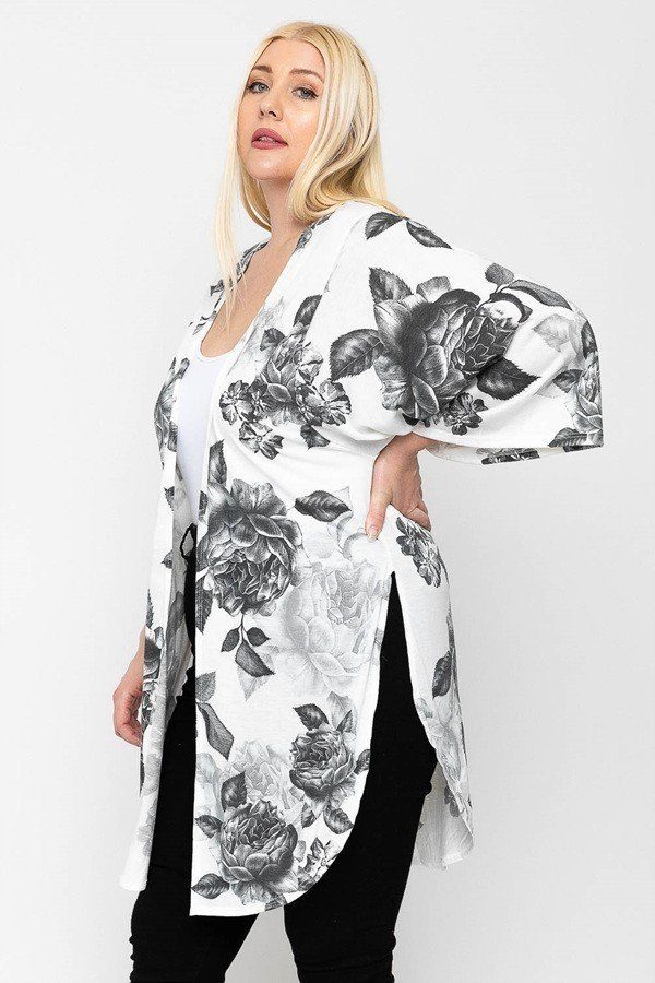 Plus Size Lovely Ladies Polyester Blend Made In U.S.A. Bold As Beautiful Floral Print Long Kimono Sleeve Cardigan (Black Floral)
