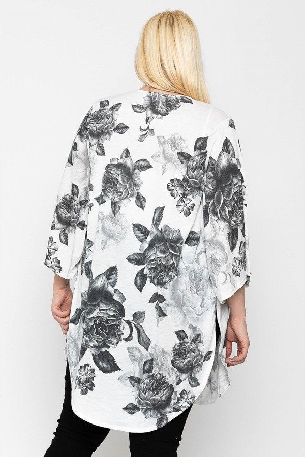 Plus Size Lovely Ladies Polyester Blend Made In U.S.A. Bold As Beautiful Floral Print Long Kimono Sleeve Cardigan (Black Floral)