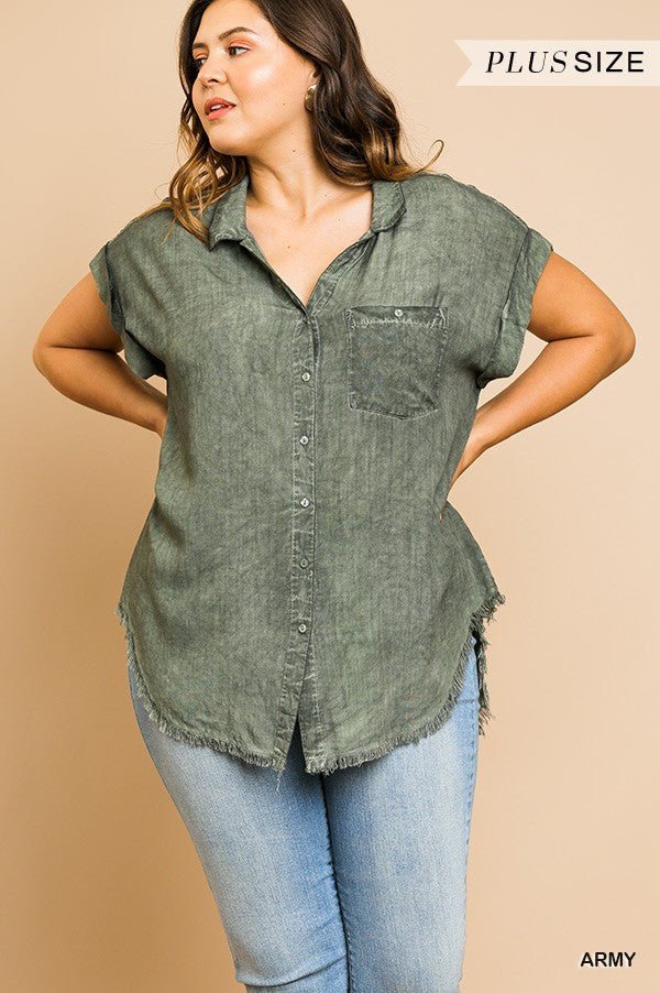 Washed Button Up Polyester/Spandex Plus Size Short Sleeve Top With Frayed Hemline (Army)