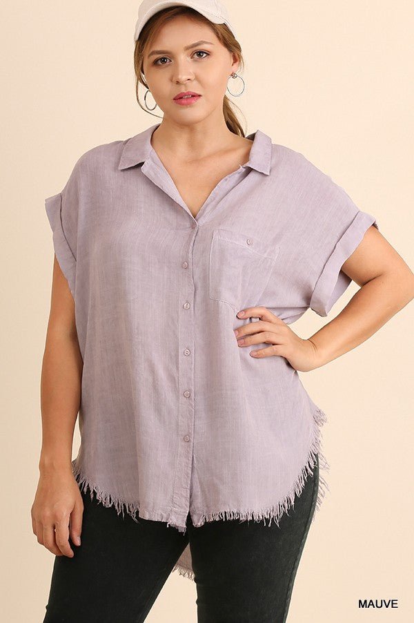 Plus Size Lovely Ladies Washed Button Up Polyester/Spandex Short Sleeve Top With Frayed Hemline (Mauve)