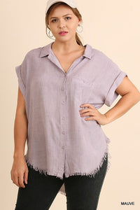 Plus Size Lovely Ladies Washed Button Up Polyester/Spandex Short Sleeve Top With Frayed Hemline (Mauve)