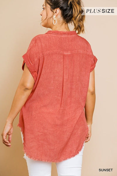 Washed Button Up Plus Size Polyester/Spandex Short Sleeve Top With Frayed Hemline (Sunset)