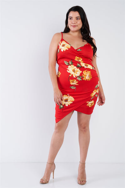Plus Size Lovely Ladies 95% Polyester 35% Spandex Multi-Floral Print V-neckline Cinched Side Stretchy Chic Mini Dress (Red)