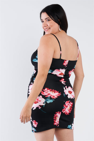 Plus Size Lovely Ladies 95% Polyester 35% Spandex Multi-Floral Print V-neck Cinched Size Chic Mini Dress (Black)