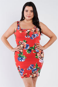 Plus Size Lovely Ladies 96% Polyester 4% Spandex Floral Print Scoop Back Cinched Center Detail Mini Dress (Tomato Red)