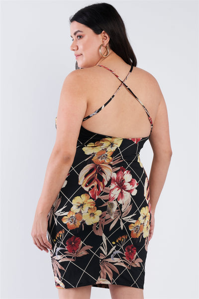 Plus Size Lovely Ladies 96% Polyester 4% Spandex Multi-Floral Print Spaghetti Straps Criss-Cross Open Back Mini Dress (Black)