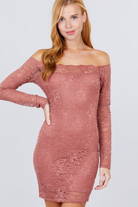 Our Best 90% Nylon 10% Spandex Long Sleeve Scallop Off Shoulder Lace Embroidered Mini Dress (Pink Marsala)