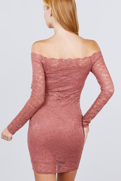 Our Best 90% Nylon 10% Spandex Long Sleeve Scallop Off Shoulder Lace Embroidered Mini Dress (Pink Marsala)