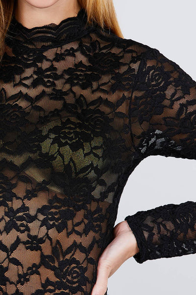 Lynda Lovelace 95% Nylon 5% Spandex Long Sleeve Scallop Mock Neck Lace Bodysuit (Black)