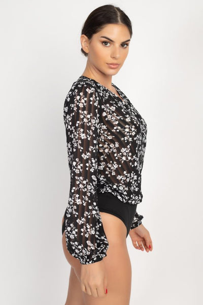 Our Best 100% Polyester All-Over Floral & Shadow Striped Design V-Neckline Long Sleeve Bodysuit (Black/White)