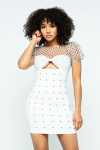 Roxanne Rocks 97% Cotton 3% Spandex Black Polka Dot Mesh Top Off The Shoulder Hot-Fix Studs Detail Open Back Mini Dress (White)