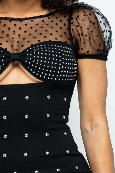 Roxanne Rocks 97% Cotton 3% Spandex Black Polka Dot Mesh Top Off The Shoulder Hot-Fix Studs Detail Open Back Mini Dress (Black)