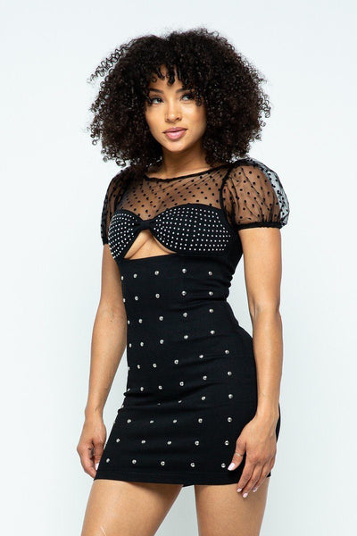 Roxanne Rocks 97% Cotton 3% Spandex Black Polka Dot Mesh Top Off The Shoulder Hot-Fix Studs Detail Open Back Mini Dress (Black)