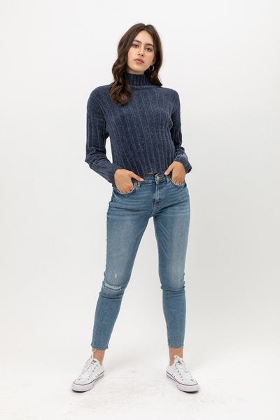 Our Best Mini Velvet 100% Polyester Chenille Crop Sweater Top Collection (Blue Stone)