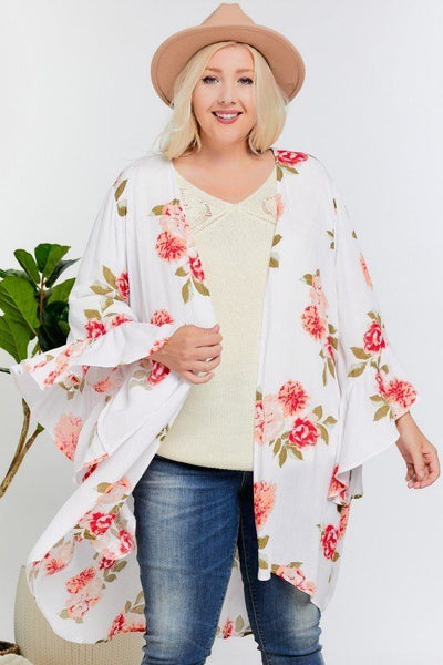 Plus Size Lovely Ladies 100% Rayon Floral-Mix Print Ruffle Detailed Draped Longline Maxi Kimono Cardigan (Ivory)