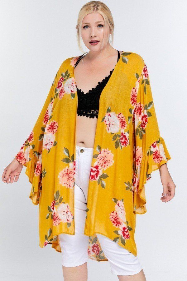Plus Size Lovely Ladies 100% Rayon Multi-Floral Print Ruffle Detailed Draped Longline Maxi Kimono Cardigan (Yellow)