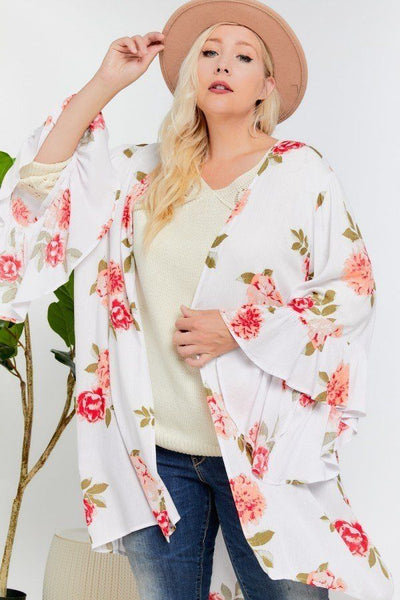 Plus Size Lovely Ladies 100% Rayon Floral-Mix Print Ruffle Detailed Draped Longline Maxi Kimono Cardigan (Ivory)