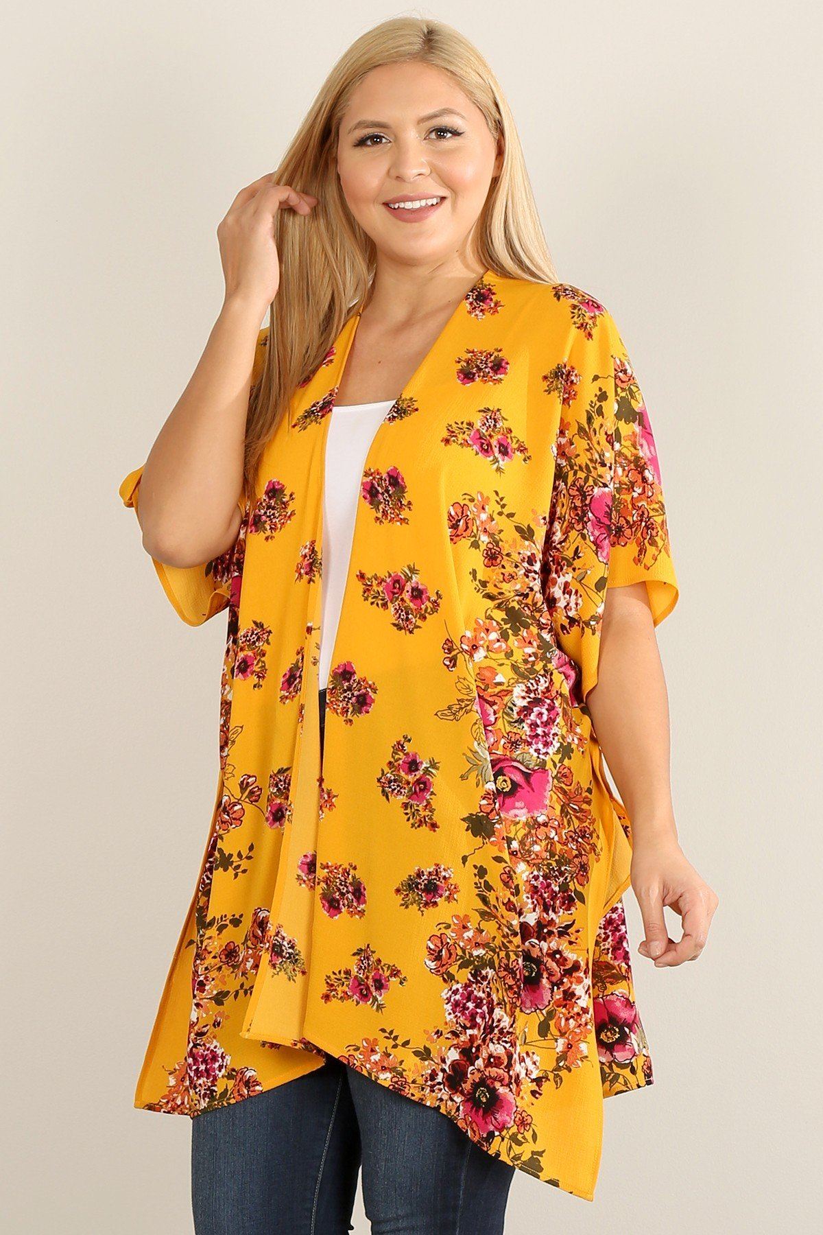 Plus Size Lovely Ladies Polyester Blend Made In U.S.A. Floral Print Kimono Asymmetric Hem Open Front Dolman Sleeves (Mustard)