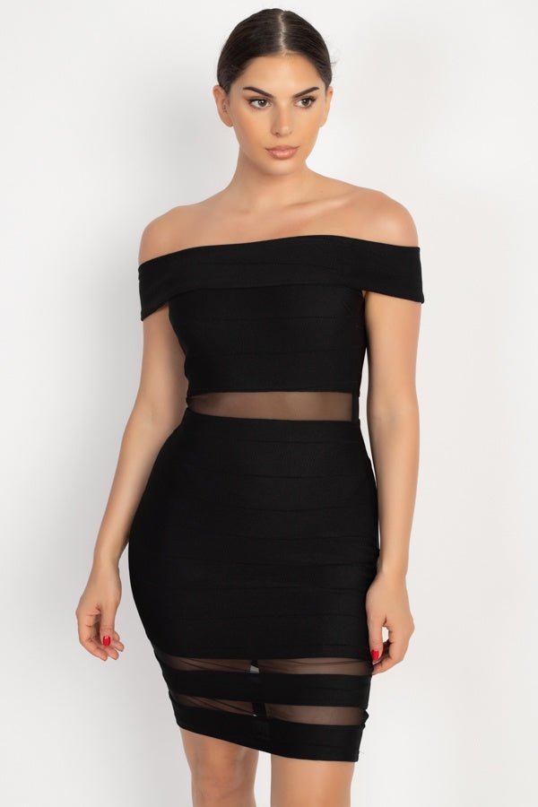 Girl's Got Attitude Polyester/Spandex Blend Off Shoulder Inset Mesh Panel Shadow Stripe Detail Bodycon Mini Dress (Black)