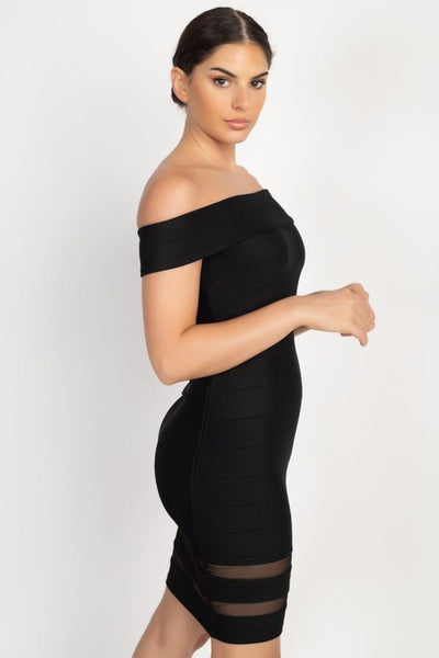 Girl's Got Attitude Polyester/Spandex Blend Off Shoulder Inset Mesh Panel Shadow Stripe Detail Bodycon Mini Dress (Black)