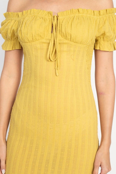 Our Best 100% Cotton Off Shoulder Short Puff Sleeves Ruffle Trim Smocked Mini Dress (Tea Leaf)