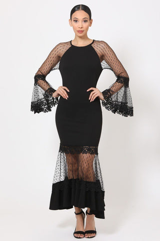 Hot Fashion Design 95% Polyester 5% Spandex Bell Sleeve Mesh Combined Fashion Long Dress (Black)
