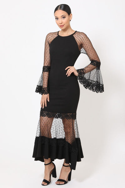 Hot Fashion Design 95% Polyester 5% Spandex Bell Sleeve Mesh Combined Fashion Long Dress (Black)