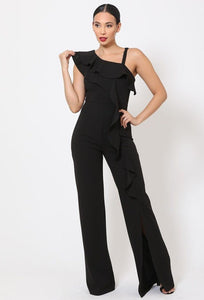 Our Best Polyester Blend One Shoulder Flare Leg Double Layered Ruffle Jumpsuit (Black)