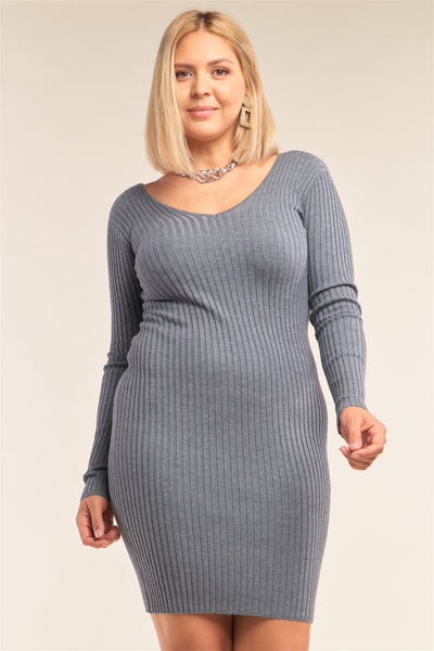 Plus Size Lovely Ladies 50% Viscose 25% Nylon 25% Polyester V-neckline Long Sleeve Scoop Back Ribbed Knit Sweater Bodycon Mini Dress (Heather Grey)