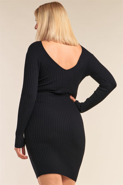 Plus Size Lovely Ladies 50% Viscose 25% Nylon 25% Polyester V-neckline Long Sleeve Scoop Back Ribbed Knit Sweater Bodycon Mini Dress (Black)