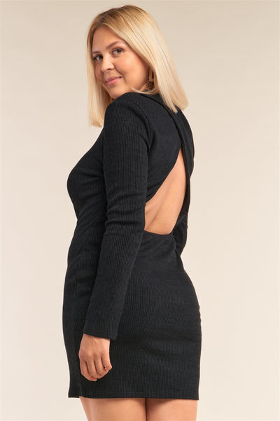 Plus Size Lovely Ladies 97% Polyester 3% Spandex Long Sleeve Ribbed Knit Club Wear Cut Out Detail Mini Dress (Black)