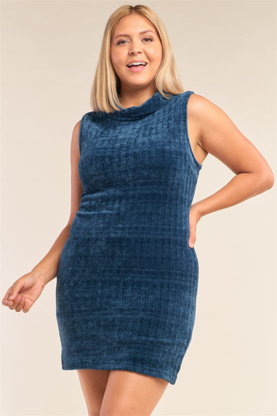 Plus Size Lovely Ladies 100% Polyester Sleeveless Ribbed Knit Semi-Turtleneck Side Zip Mini Dress (Teal)