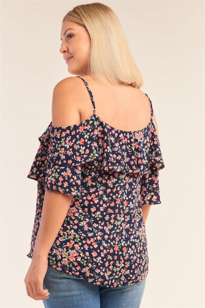 Plus Size Floral Print Relaxed Fit Mini Sleeve Off-the-shoulder Flared Hem Top
