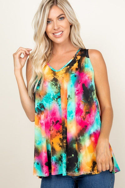 Our Best 96% Polyester 4% Spandex Tie Dye Sleeveless V-Neck Swing Tunic Top (Fuchsia Mint)