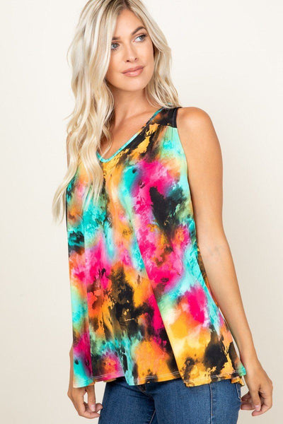 Our Best 96% Polyester 4% Spandex Tie Dye Sleeveless V-Neck Swing Tunic Top (Fuchsia Mint)
