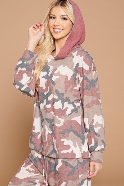 Paloma Pomona Polyester Blend Army Camo French Terry Relaxed Fit Hoodie (Burgundy)