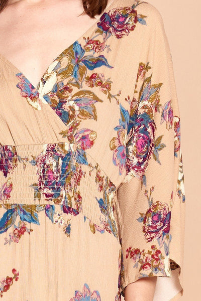 Gwendolyn's Garden 100% Rayon Floral Print Flowy 3/4 Sleeve Pleated Ruffle Maxi Dress (Latte)