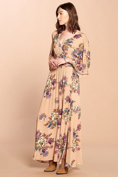 Gwendolyn's Garden 100% Rayon Floral Print Flowy 3/4 Sleeve Pleated Ruffle Maxi Dress (Latte)