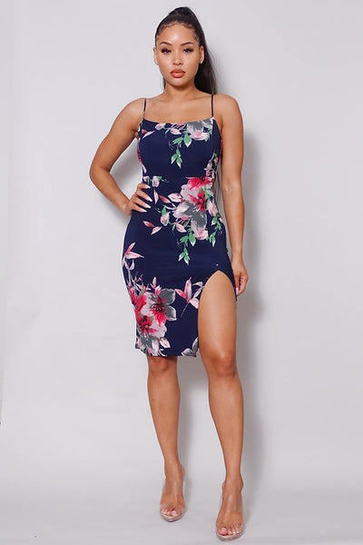 Our Best 96% Polyester 4% Spandex Made In U.S.A. Sexy Spaghetti Strap Side Slit Brilliant Floral Pattern Print Midi Dress (Navy)