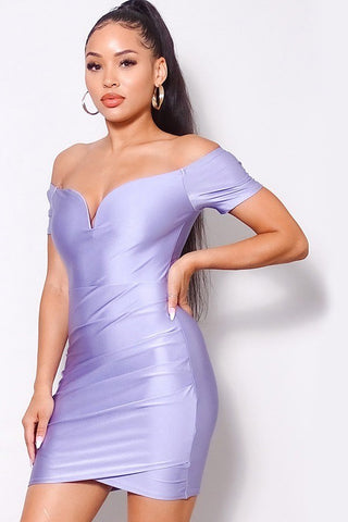 Odessa Odiana Off Shoulder Nylon/Spandex Blend V-Front Gathered Mini Sleeve Bodycon Mini Dress (Lavender)