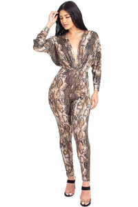Samantha On Safari Floral Polyester/Metallic Blend All-Over Animal Print Bungle In The Jungle Dolman Sleeve Jumpsuit (Brown)